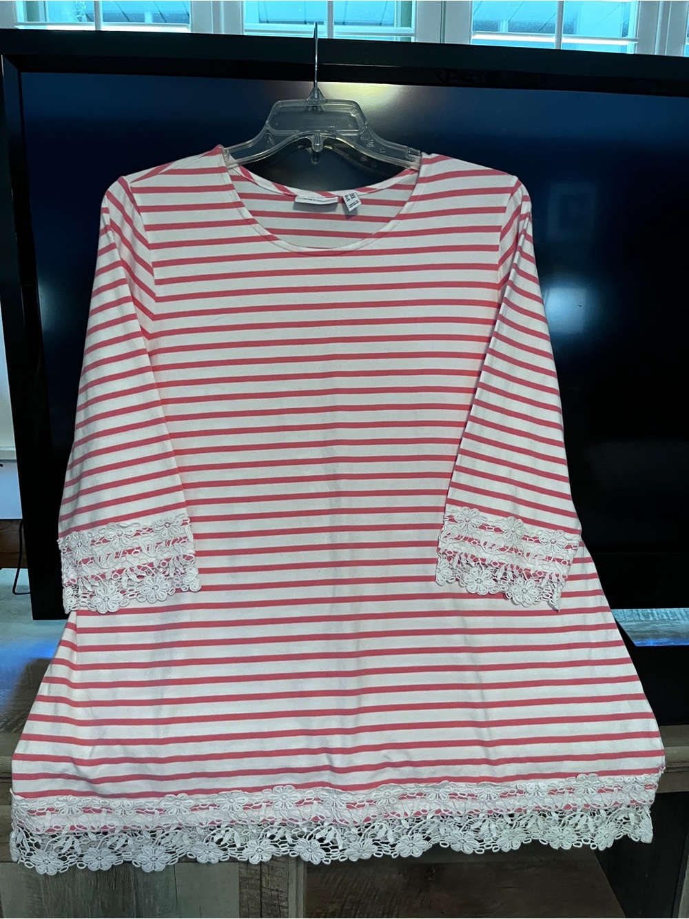 Denim&Co 2x(52”B x 31”L)Coral Striped Lace-Trim Tunic Top